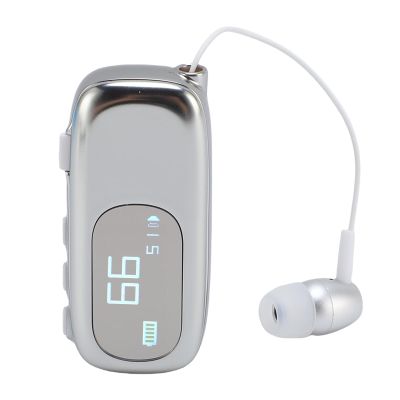 GOWENIC Clip On BT Headset, Ergonomic Retractable Wireless Headset with Vibration Alert and Voice Announcement, LCD Digital Power Display, for Driving Business (Electroplated Bright Silver)