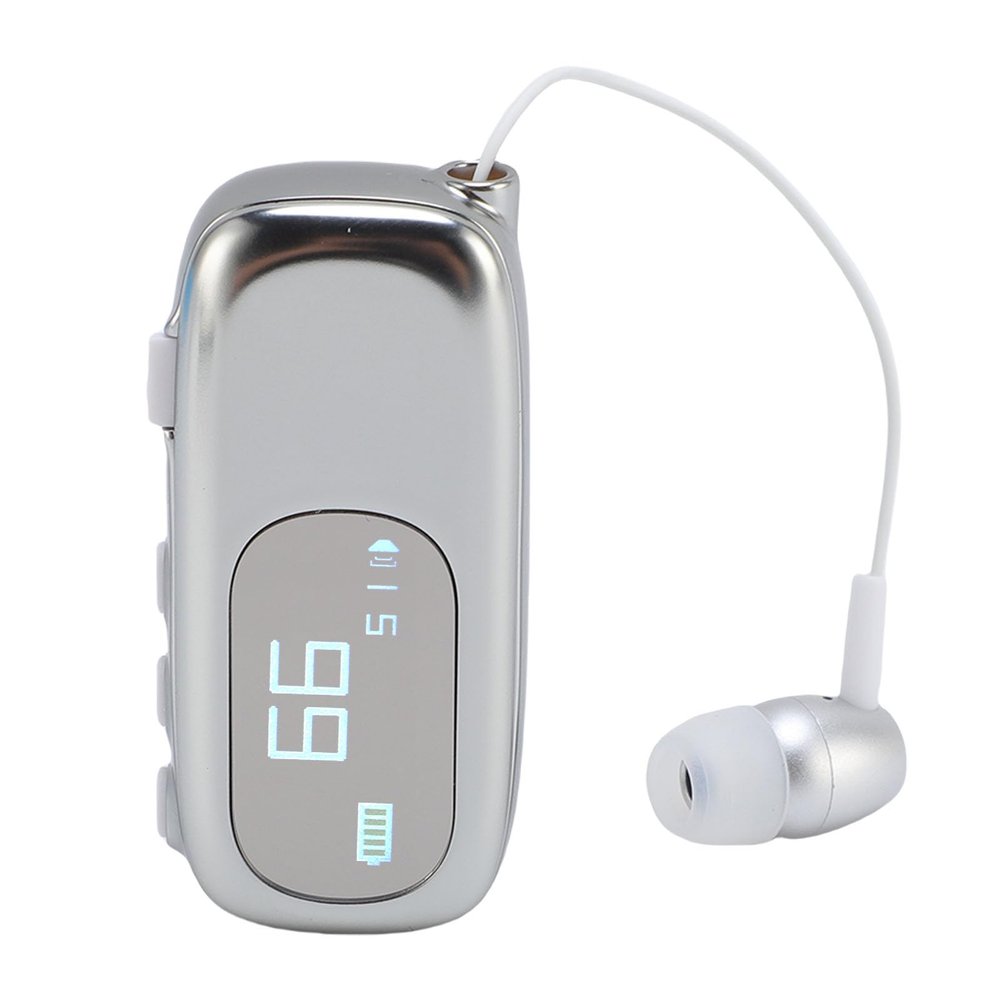 GOWENIC Clip On BT Headset, Ergonomic Retractable Wireless Headset with Vibration Alert and Voice Announcement, LCD Digital Power Display, for Driving Business (Electroplated Bright Silver)