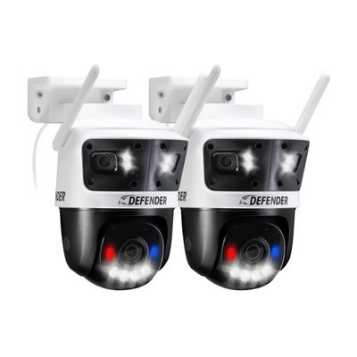 Defender AI Powered 3K+ Guard WiFi Tri-Lens PTZ Plug-in Power Outdoor Security Camera, 3-in-1, 360, 8X Zoom, Human/Vehicle AI Detection, Blue/Red LED, WiFi 6, Works w/Guard App, 2 Pack