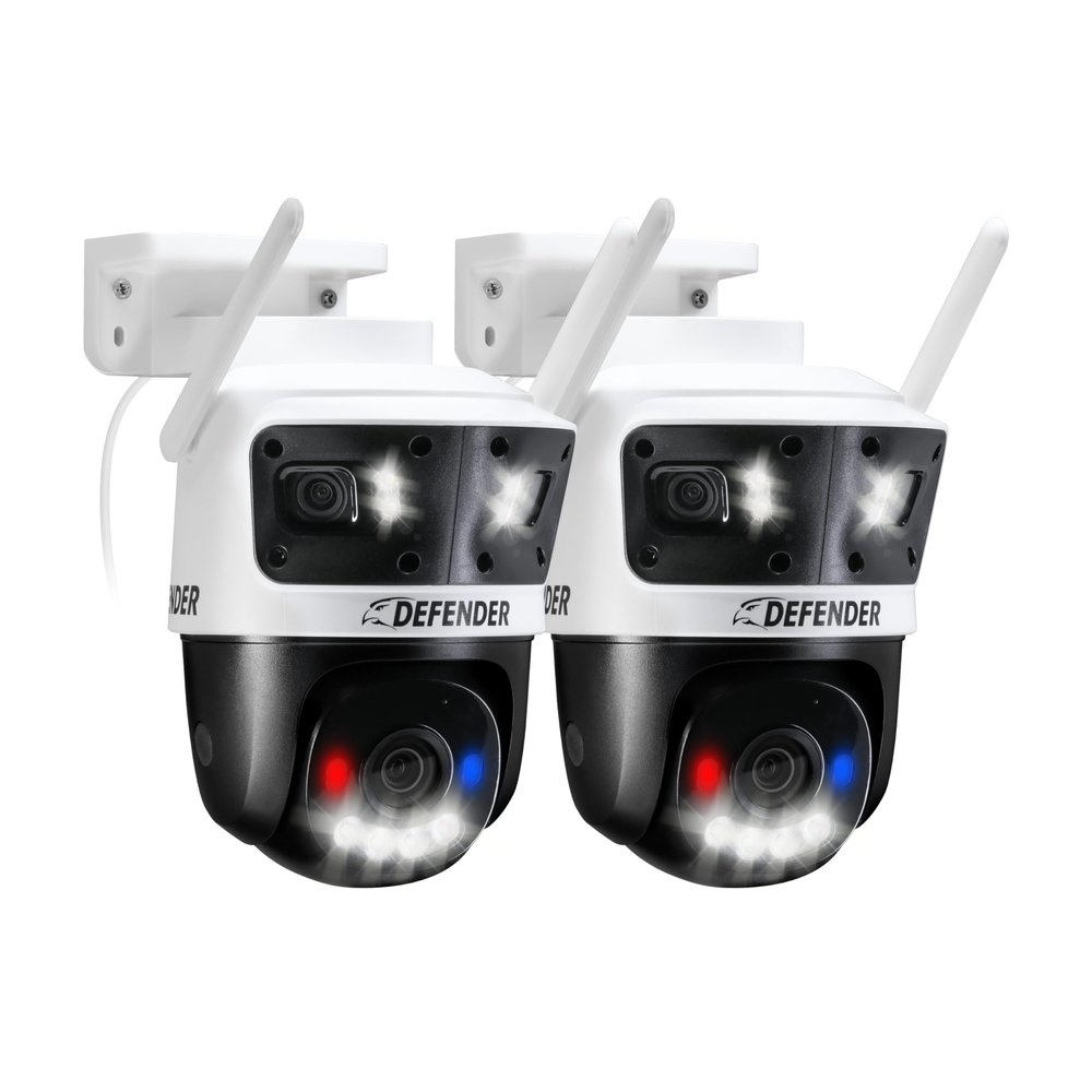 Defender AI Powered 3K+ Guard WiFi Tri-Lens PTZ Plug-in Power Outdoor Security Camera, 3-in-1, 360, 8X Zoom, Human/Vehicle AI Detection, Blue/Red LED, WiFi 6, Works w/Guard App, 2 Pack