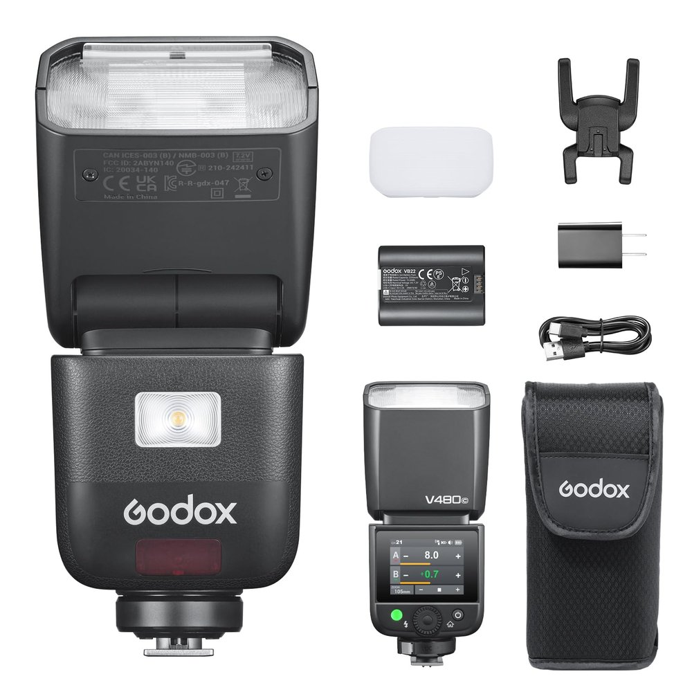 Godox V480-C Flash for Canon, 650 Full-Power TTL Camera Flash Flexible Bounce Head 10-Level Modeling Lamp GN50 1/8000 HSS Mini Flash Smart Distance Readout Speedlight with Touchscreen (V480 Canon)