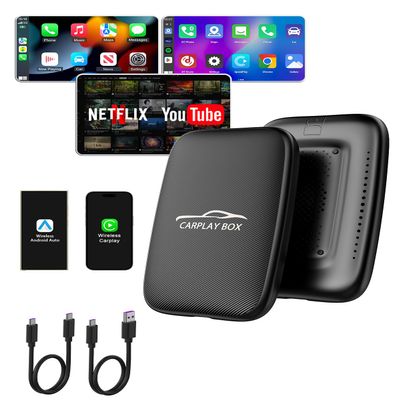 2025 New 4-in-1 Wireless CarPlay Adapter Support Netflix/YouTube/TF, Android Auto & Carplay Adapter with USB-A and USB-C Cables,Convert Wired to Wireless Apple Dongle, Video Box Car Play for iOS 10+