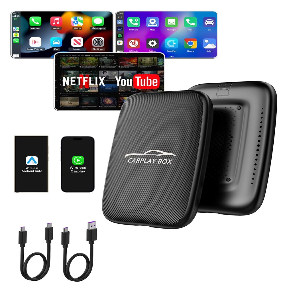 2025 New 4-in-1 Wireless CarPlay Adapter Support Netflix/YouTube/TF, Android Auto & Carplay Adapter with USB-A and USB-C Cables,Convert Wired to Wireless Apple Dongle, Video Box Car Play for iOS 10+