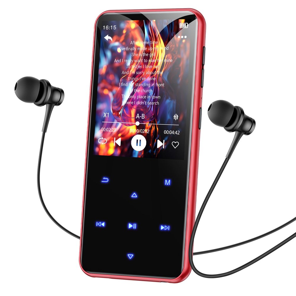 AGPTEK 64GB MP3 Player with Bluetooth, M3 2.4 inch Music Player with Speaker and FM Radio, Touch Buttons, Supports Up to 128GB (Black Red)