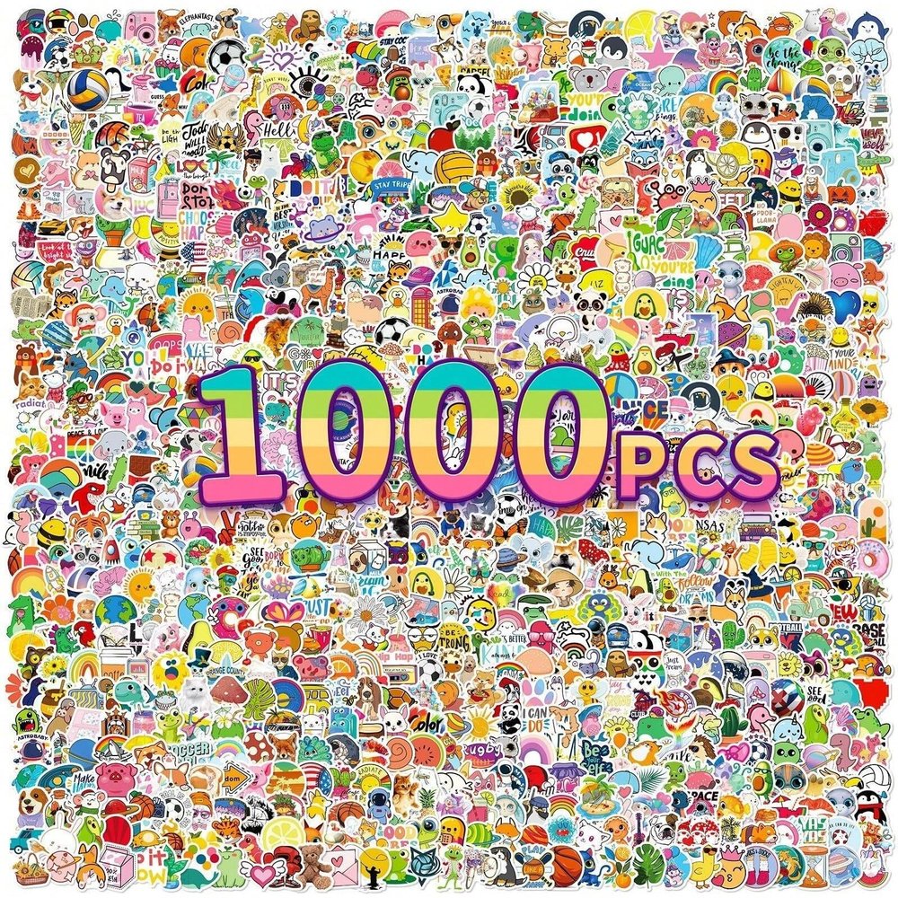 1000 pcs/Set Random Theme No Repeated Cute Cartoon Stickers for Kids Teens- Small Waterproof Vinyl Decals for Laptop, Scrapbooking, DIY Crafts - Adorable Animal & Fantasy Theme Sticker Pack Gift/Deco