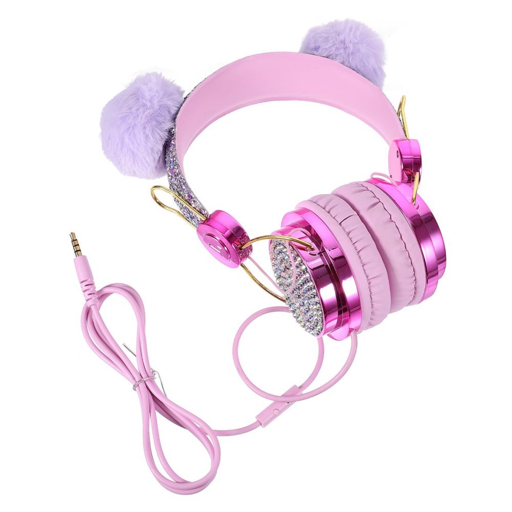 CAXUSD Volume Limiting Adjustable Headphones Glitter Plush Ear Wired Headset for School Gaming and Music Comfortable Over Ear Design for Boys