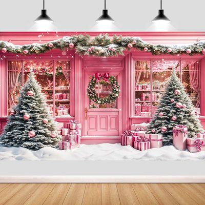10X10ft Pink Christmas Storefront Backdrop Snowy Scene Christmas Tree Gift Boxes Xmas Garland for Holiday Party Photo Booth Winter Wonderland Home Decor Studio Photography Wall Decor