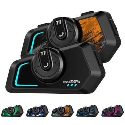Fodsports T1 Motorcycle Bluetooth Intercom V5.4 with Music Share, One-Click Switching for 3 Functional Modes, 2-Way Helmet Communication Systems, FM/5 Stickers/Noise Cancellation/Stereo Music, 2 Pack