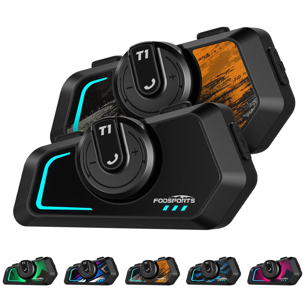 Fodsports T1 Motorcycle Bluetooth Intercom V5.4 with Music Share, One-Click Switching for 3 Functional Modes, 2-Way Helmet Communication Systems, FM/5 Stickers/Noise Cancellation/Stereo Music, 2 Pack
