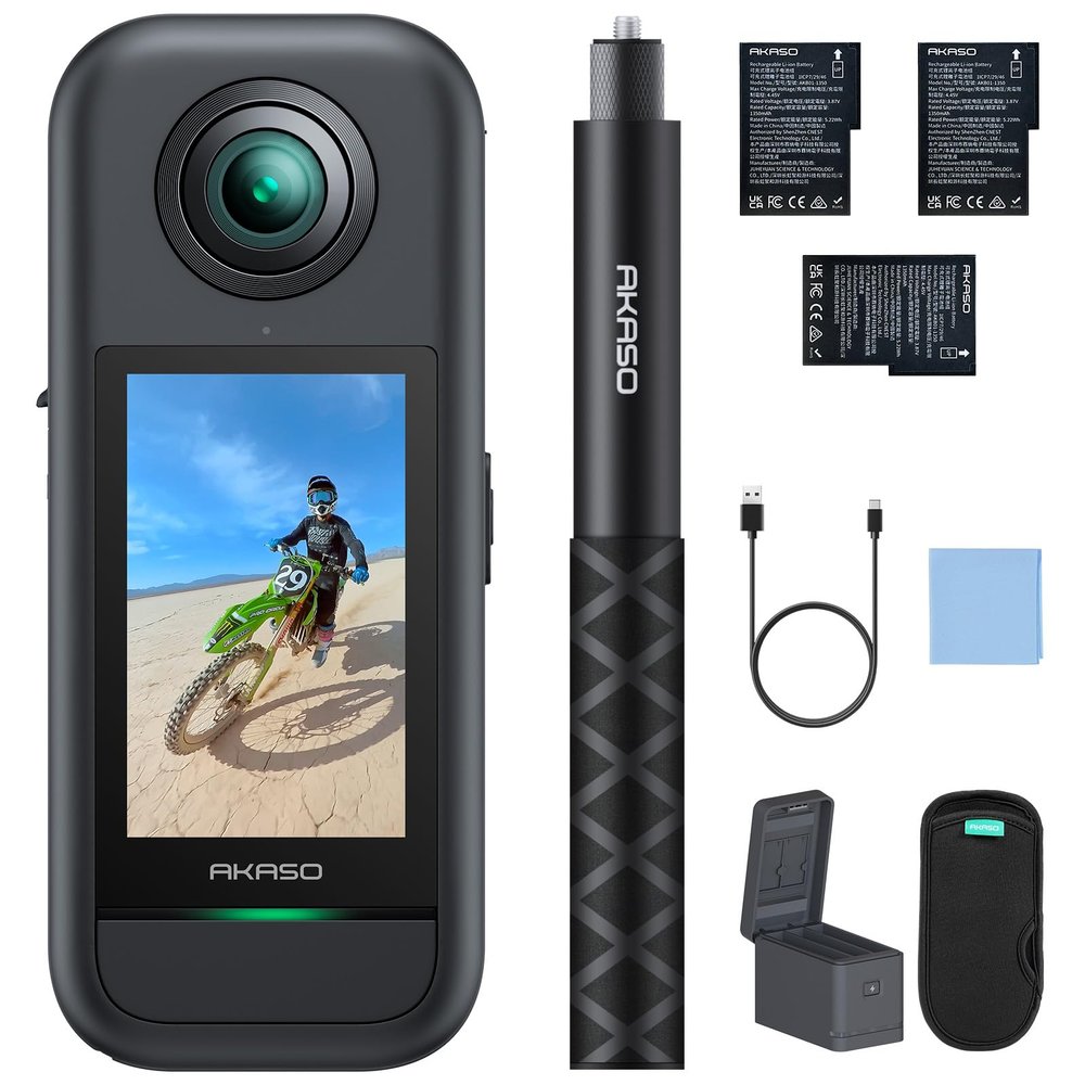 AKASO 360 Action Camera Creator Combo- 5.7K 360 Video with 1/2" 48MP Sensors, 72MP 360 Photo, 360-SuperSmooth, Touchscreen, Invisible Selfie Stick, 360 Horizon Lock, AI Tracking