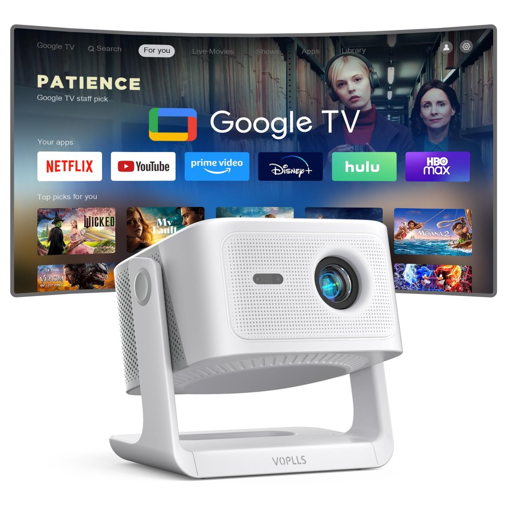 Official Licensed Google TV4K Smart Projector with WiFi and Bluetooth, VOPLLS Outdoor Projectors with Dolby/Auto Focus, Portable Movie Phone Wireless Gaming Wifi Proyector for Bedroom/Home/Celling
