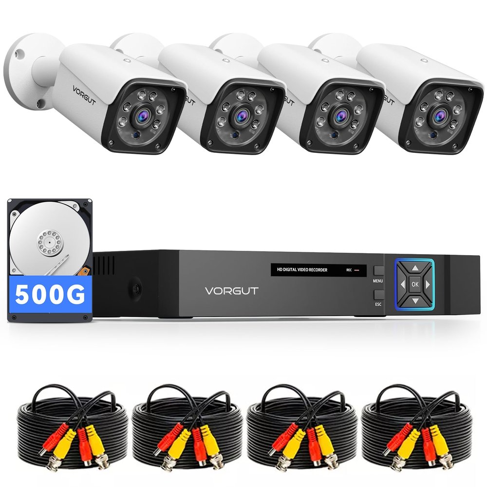 VORGUT Wired Security Camera System, 8CH 5MP Lite CCTV Surveillance DVR Kit with 500G HDD, 4 x 3MP AHD Security Camera Outdoor, IP66 Waterproof Metal Shell,Remote Access,Smart Detection,24/7 Record