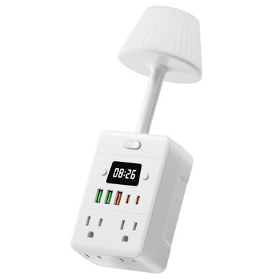 Bedside Power Strip with Lamp & Digital Clock, 4 Outlets 5 USB Ports (2 USBC), 3-Color Temperature Dimmable Bedside Nightstand Light, Multi Plug Outlet Extender for Bedroom Home Office, Coffee Counter