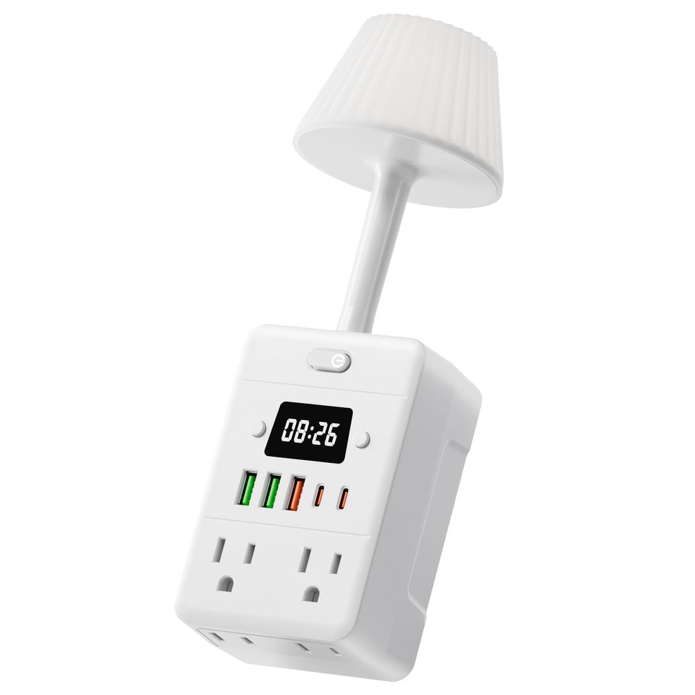 Bedside Power Strip with Lamp & Digital Clock, 4 Outlets 5 USB Ports (2 USBC), 3-Color Temperature Dimmable Bedside Nightstand Light, Multi Plug Outlet Extender for Bedroom Home Office, Coffee Counter