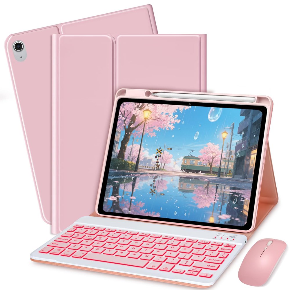 Bxomteng Keyboard Case for iPad 10th / A16 11th Generation 2022/2025-7 Colors Backlit Keyboard Cover and Mouse (Pink)