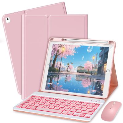 Bxomteng Keyboard Case for iPad 9.7 (6th Gen 2018 / 5th Gen 2017) / Pro 9.7 inch (2016) - 7 Colors Backlit Keyboard Cover and Mouse (Pink)