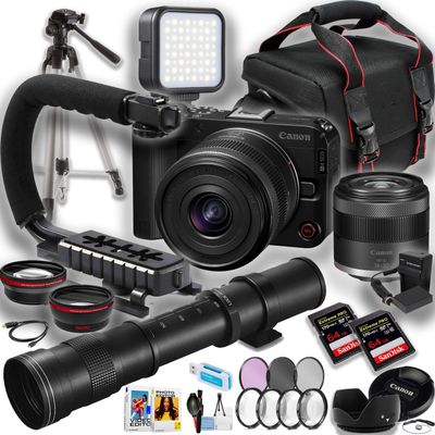 Canon EOS R50V Mirrorless Camera w/ 14-30mm Lens + 430-800 Telephoto Lens + LED Light + U-Grip + 50 Inch Tripod + 2pc SanDisk 64GB Extreme Pro Memory Card + More (25pc Bundle) (Renewed)