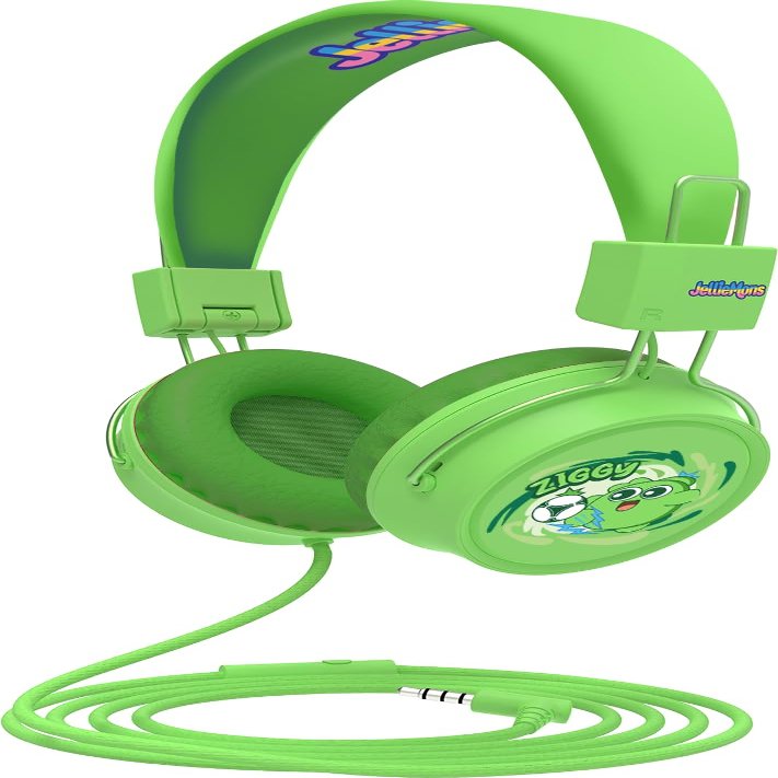 JellieMons Booma Beats Wired Headphones for Kids, 3.5mm Plug, Fun Characters and Colors, Volume Controls, Great for School (Green)