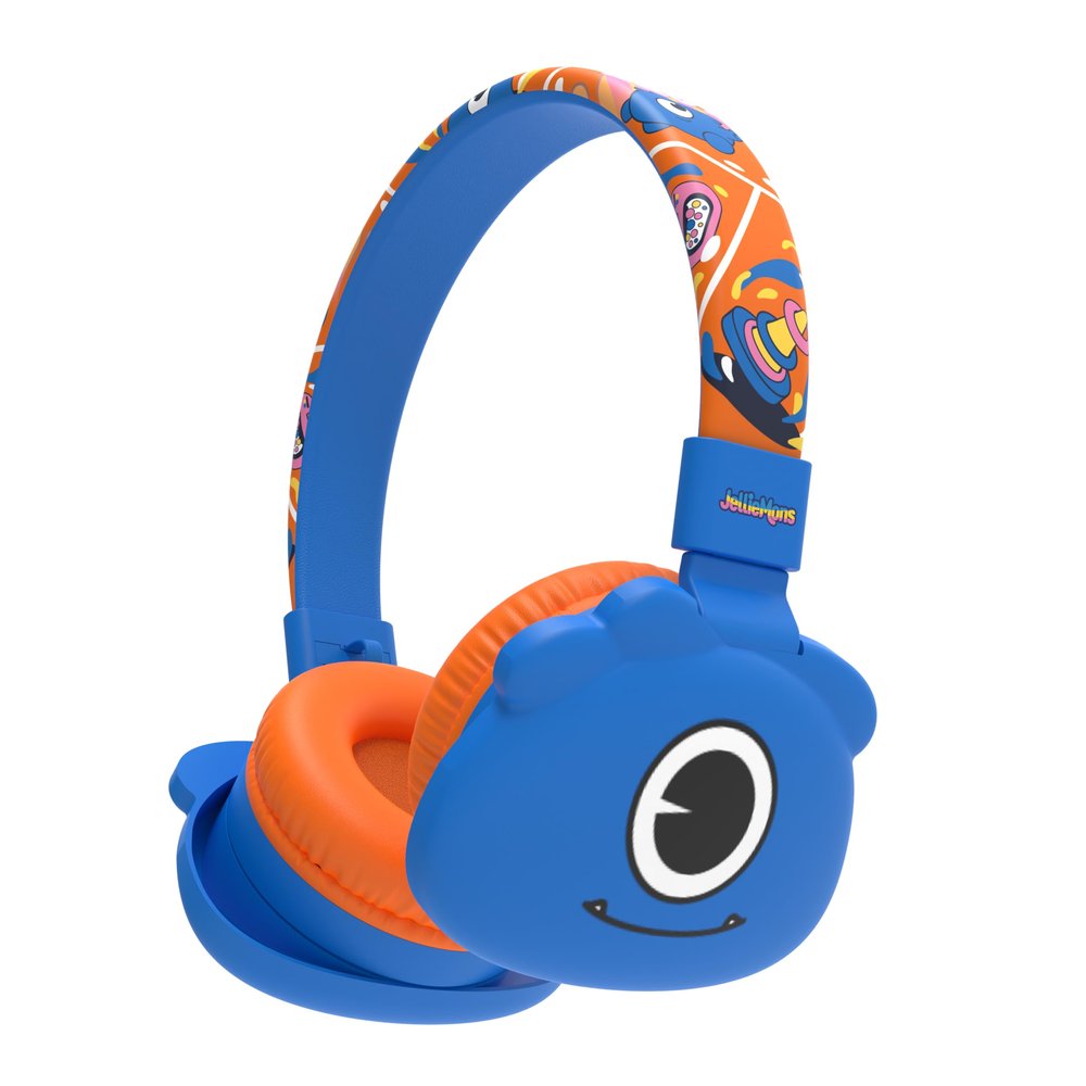 JellieMons Booma Echo Wireless Stereo Headphones for Kids, Over Ear, Foldable, Fun Characters, Safe Volume Features, Optional Wired Connection, School Ready, Long Play time. (Blue)