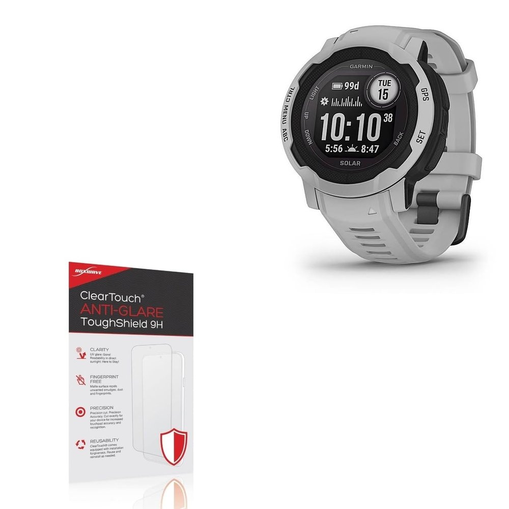 BoxWave Screen Protector Compatible With Garmin Instinct 2 Solar - ClearTouch Anti-Glare ToughShield 9H (2-Pack), Anti-Glare 9H Tough Flexible Film Screen Protector