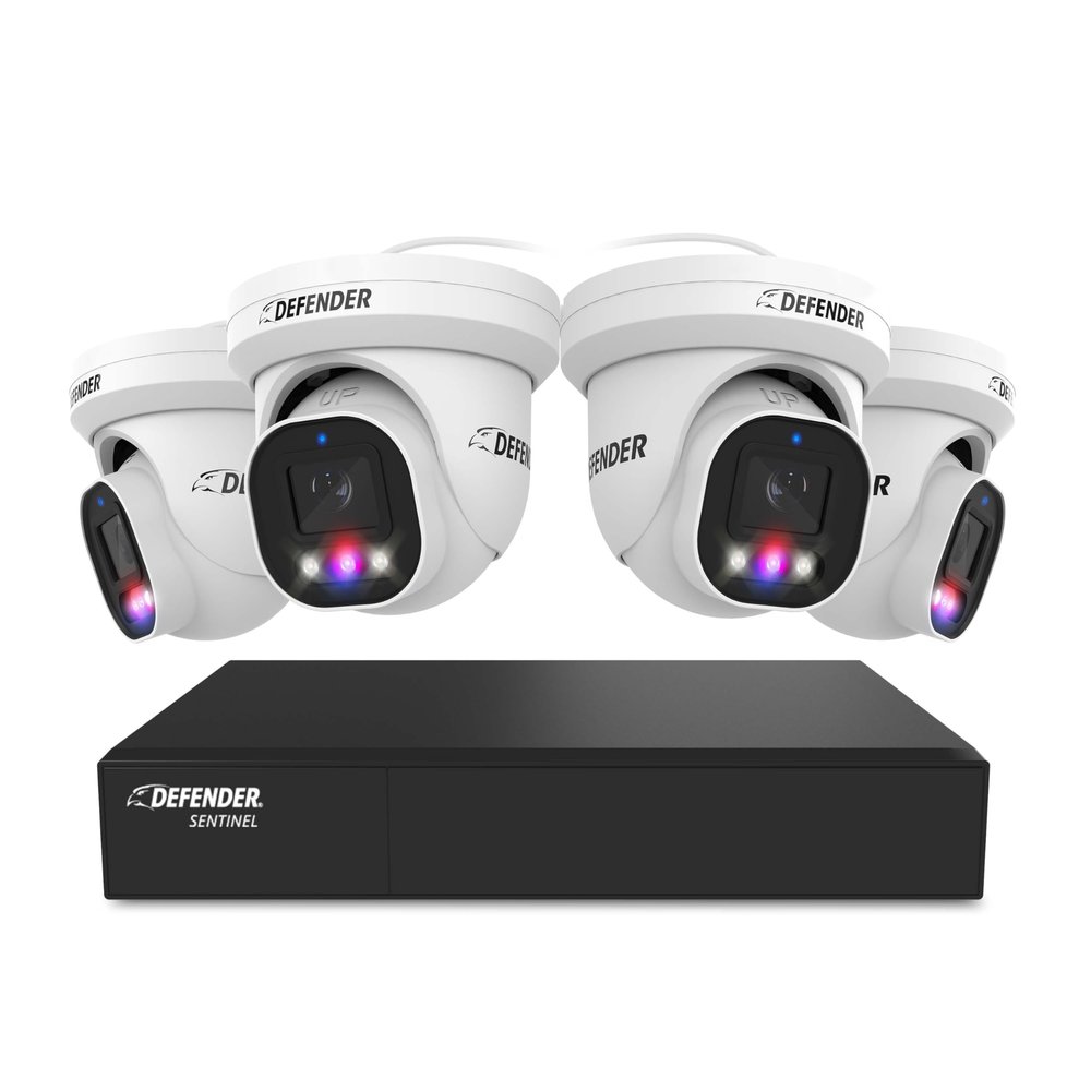 Defender AI Powered Sentinel Pro Turret 8CH NVR PoE Security Camera System, 4pc Metal Turret Cameras, 109 Wide Angle, IP66 Rated, Audio Recording, Web Viewing, 1TB HDD, Works w/Empower App