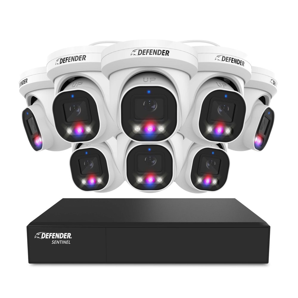 Defender AI Powered Sentinel Pro Turret 8CH NVR PoE Security Camera System, 8pc Metal Turret Cameras, 109 Wide Angle, IP66 Rated, Audio Recording, Web Viewing, 1TB HDD, Works w/Empower App