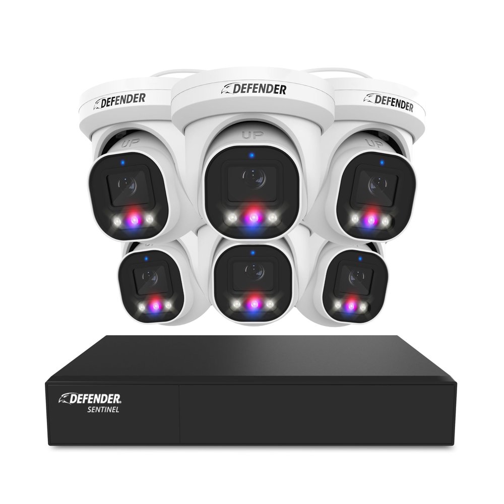 Defender AI Powered Sentinel Pro Turret 8CH NVR PoE Security Camera System, 6pc Metal Turret Cameras, 109 Wide Angle, IP66 Rated, Audio Recording, Web Viewing, 1TB HDD, Works w/Empower App