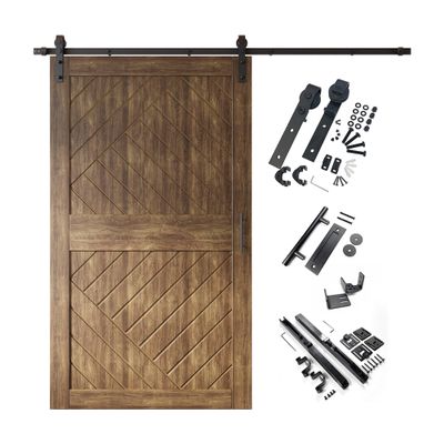 Homacer 50 in. x 84 in. Dark Walnut 8-in-1 Geometric Design Barn Door with Non-Bypass Installation Hardware Kit, 9ft Track, Interior use only