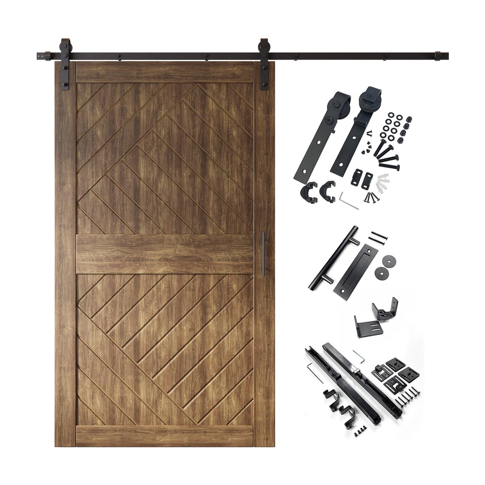 Homacer 50 in. x 84 in. Dark Walnut 8-in-1 Geometric Design Barn Door with Non-Bypass Installation Hardware Kit, 9ft Track, Interior use only