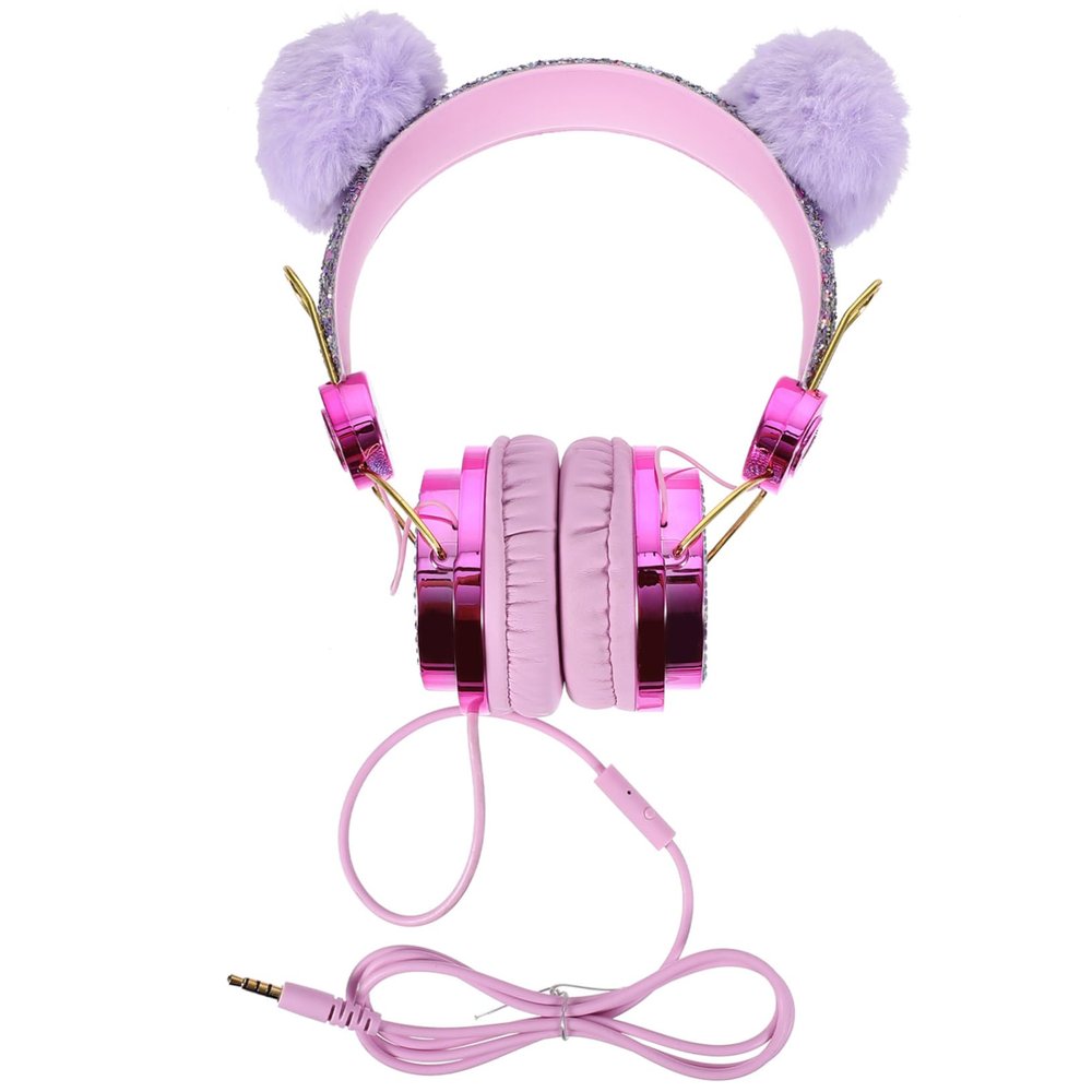 CIYODO Plush Ear Headphones Adjustable Glitter Wired Headset with Volume Limiting Comfortable Design for Boys for School Use