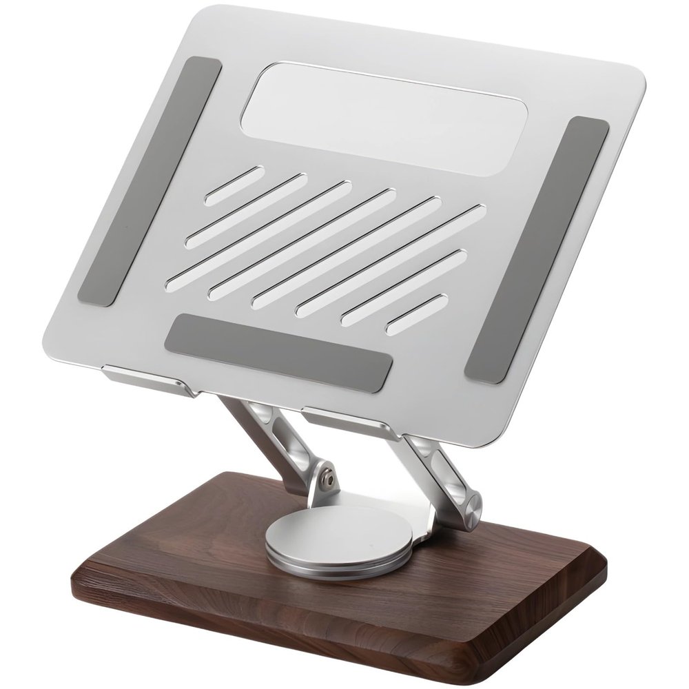 Adjustable Desk Stand for Laptops, 360 Rotating Base, Wooden Mount with Aluminum Panel, Foldable Cooling Design