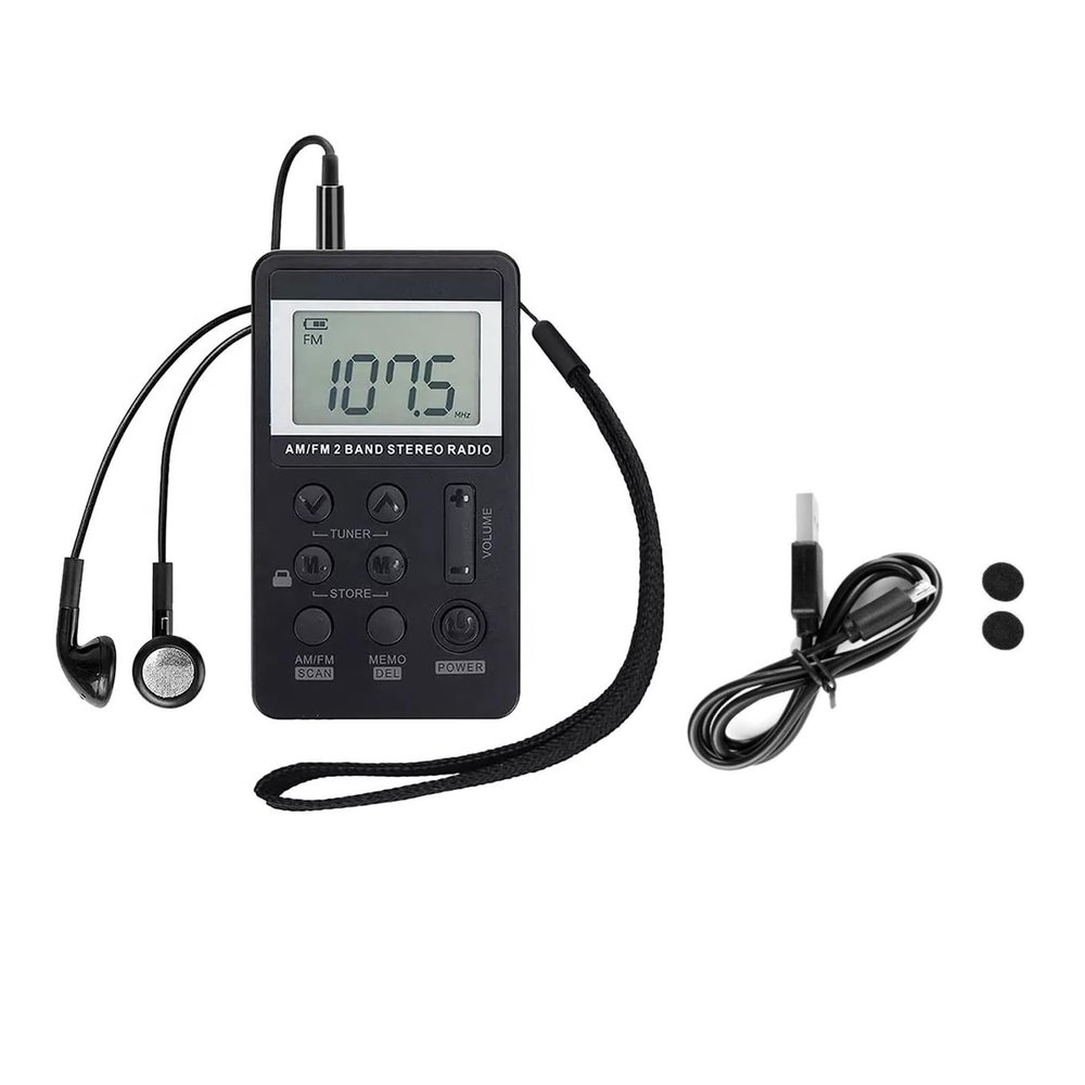 DC 5V AM FM Dual Band Stereo Radio USB Charging 3.5MM Jack 58 Stations Save Up Power-Saving Lock Screen for Sports