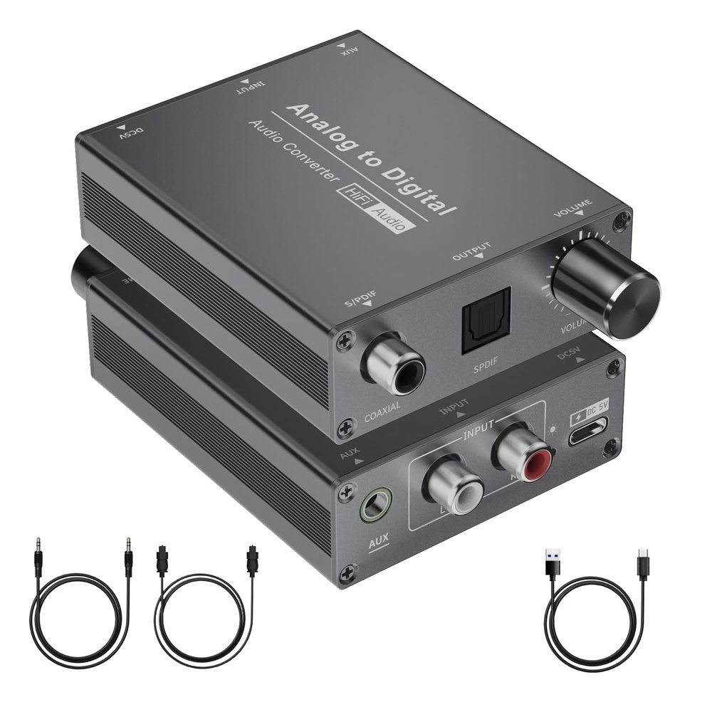 Analog to Digital Audio Converter, RCA to Optical Audio Converter with 3.5mm AUX Jack and Coaxial Adapter for Soundbar, Equipped with Volume Adjustment Function