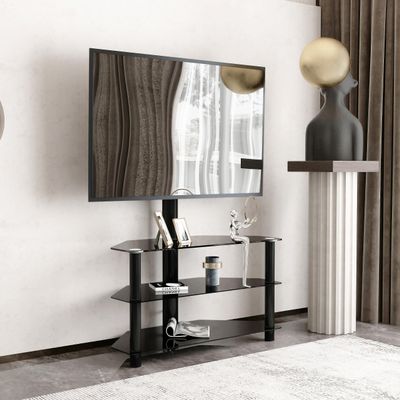 35.4" Heavy-Duty TV Stand with Height Adjustment & 45 Swivel - 3-Tier Multi-Function Media Console for TVs up to 65" | Steel Frame Tempered Glass Shelves | Universal for Living Room/Office | Black
