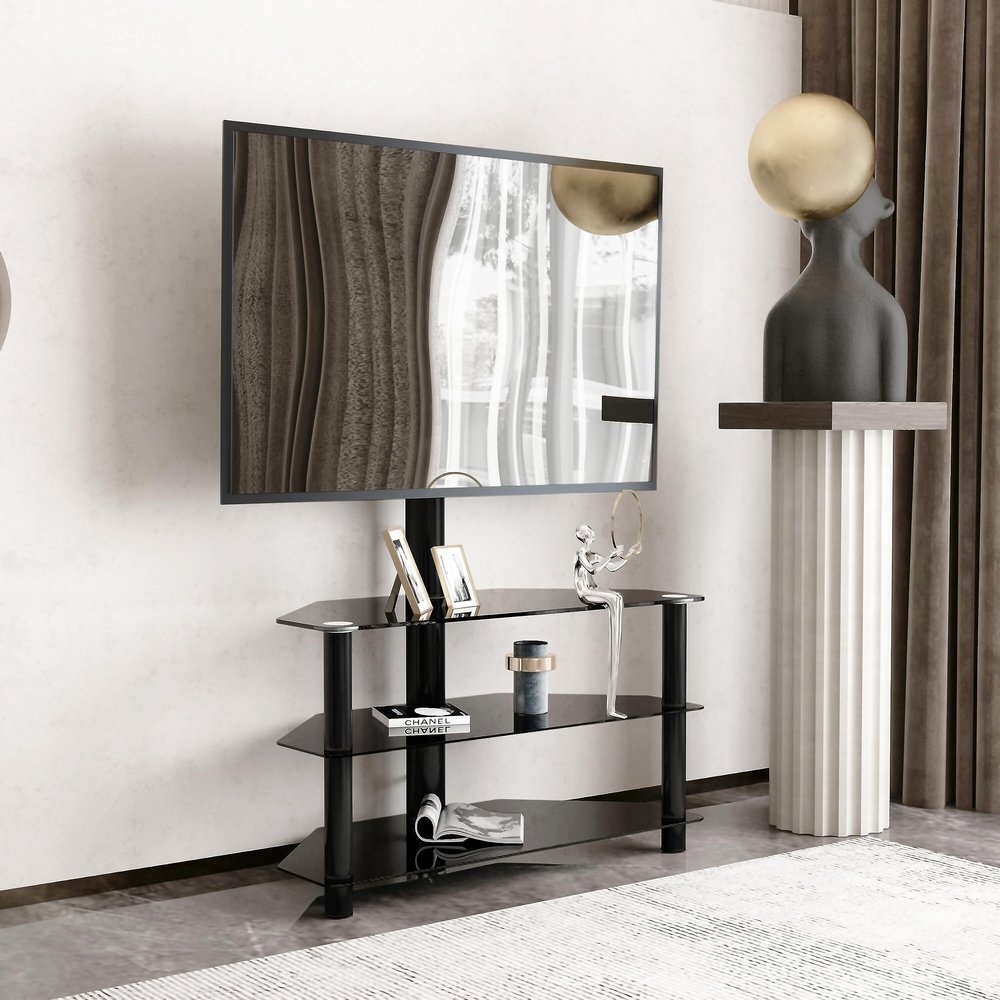 35.4" Heavy-Duty TV Stand with Height Adjustment & 45 Swivel - 3-Tier Multi-Function Media Console for TVs up to 65" | Steel Frame Tempered Glass Shelves | Universal for Living Room/Office | Black