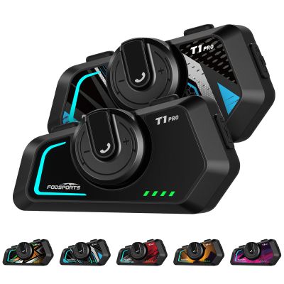 Fodsports T1 PRO Motorcycle Intercom V5.4 with Music Sharing, One-Click Switching for 4 Functional Modes, 6-Way Motorcycle Helmet Headset, FM/5 Stickers/Noise Cancellation/Stereo Music, 2 Pack