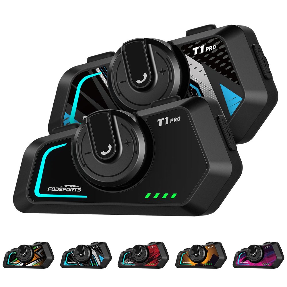 Fodsports T1 PRO Motorcycle Intercom V5.4 with Music Sharing, One-Click Switching for 4 Functional Modes, 6-Way Motorcycle Helmet Headset, FM/5 Stickers/Noise Cancellation/Stereo Music, 2 Pack