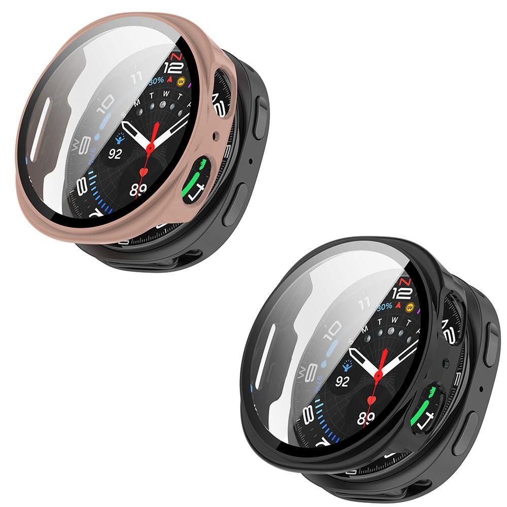 2 Pack Hard Case for Samsung Galaxy Watch 8 44mm with Screen Protector, Hard PC Protective Case Shockproof Anti-Scratch Bumper Cover with Tempered Glass (Black/Pink)