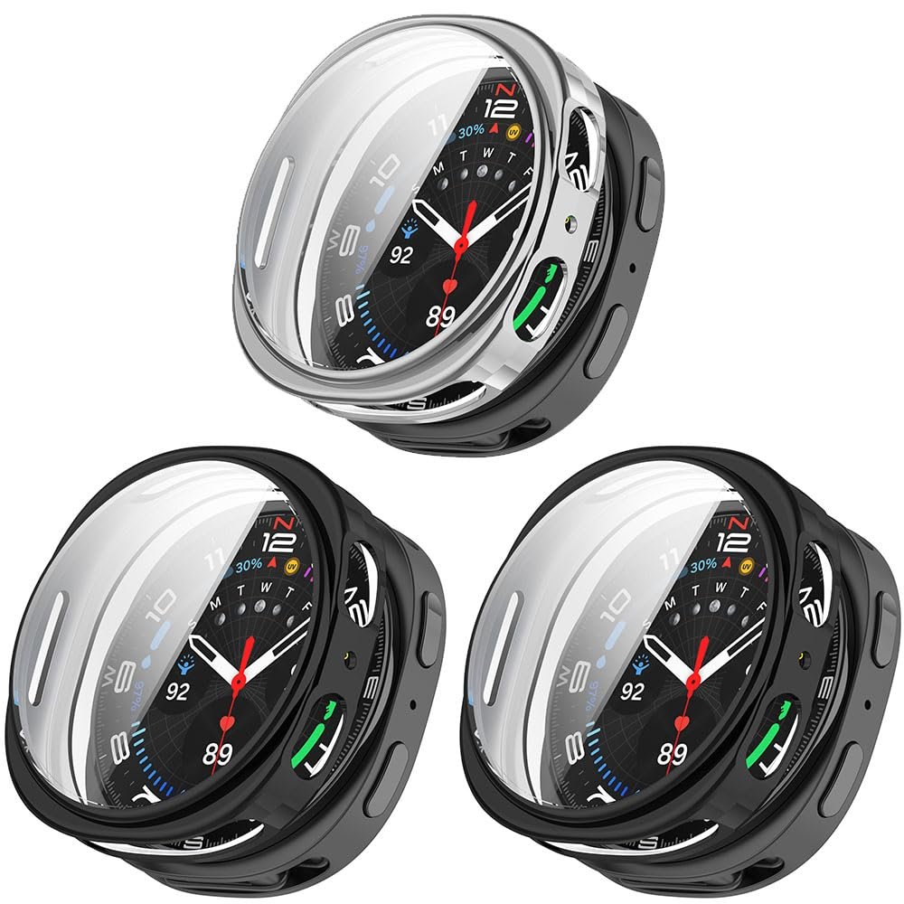 3 Pack Cases Compatible with Samsung Galaxy Watch 8 44mm with Screen Protector, Flexible TPU Shockproof Scratch Proof Cover Case (Black/Silver/Black)