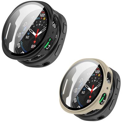 2 Pack Hard Case for Samsung Galaxy Watch 8 40mm with Screen Protector, Hard PC Protective Case Shockproof Anti-Scratch Bumper Cover with Tempered Glass (Black/Beige)