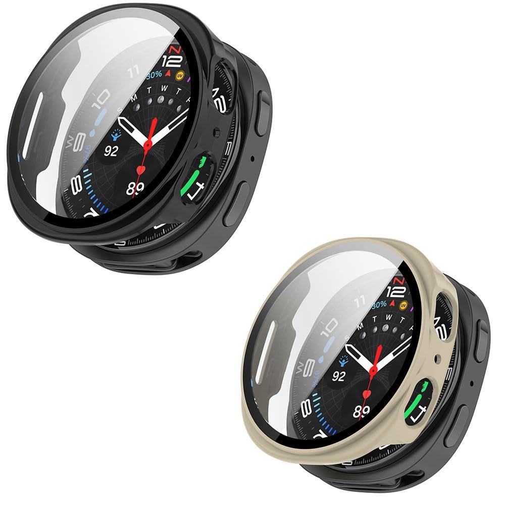 2 Pack Hard Case for Samsung Galaxy Watch 8 40mm with Screen Protector, Hard PC Protective Case Shockproof Anti-Scratch Bumper Cover with Tempered Glass (Black/Beige)
