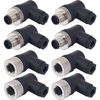 hiSpkNix M12 5-Pin Male & Female Right Angle Aviation Connector, 12mm IP67 Waterproof Circular Panel Socket, 4 Sets (A-Code, Screw-Joint, Unshielded)