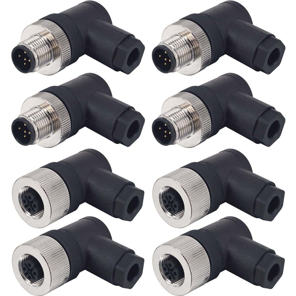 hiSpkNix M12 5-Pin Male & Female Right Angle Aviation Connector, 12mm IP67 Waterproof Circular Panel Socket, 4 Sets (A-Code, Screw-Joint, Unshielded)