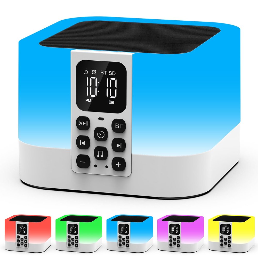 AUYLE Night Light Bluetooth Speaker, Baby Nursery Night Lamp for Breastfeeding, Alarm Clocks for Kids, 30 Sounds Machine & Sleep Timer, Touch Bedside Lamp, 8 Color Changing, Gifts for Teens Boys