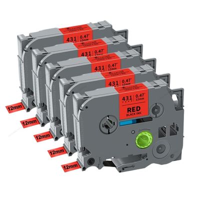 12mm TZe231 Laminated Label Tape 5 Pack 10 Pack Compatible with TZe231 131 431 531 631 731 831 334 335 for PTH110 Label Maker(5PK Black on Red)