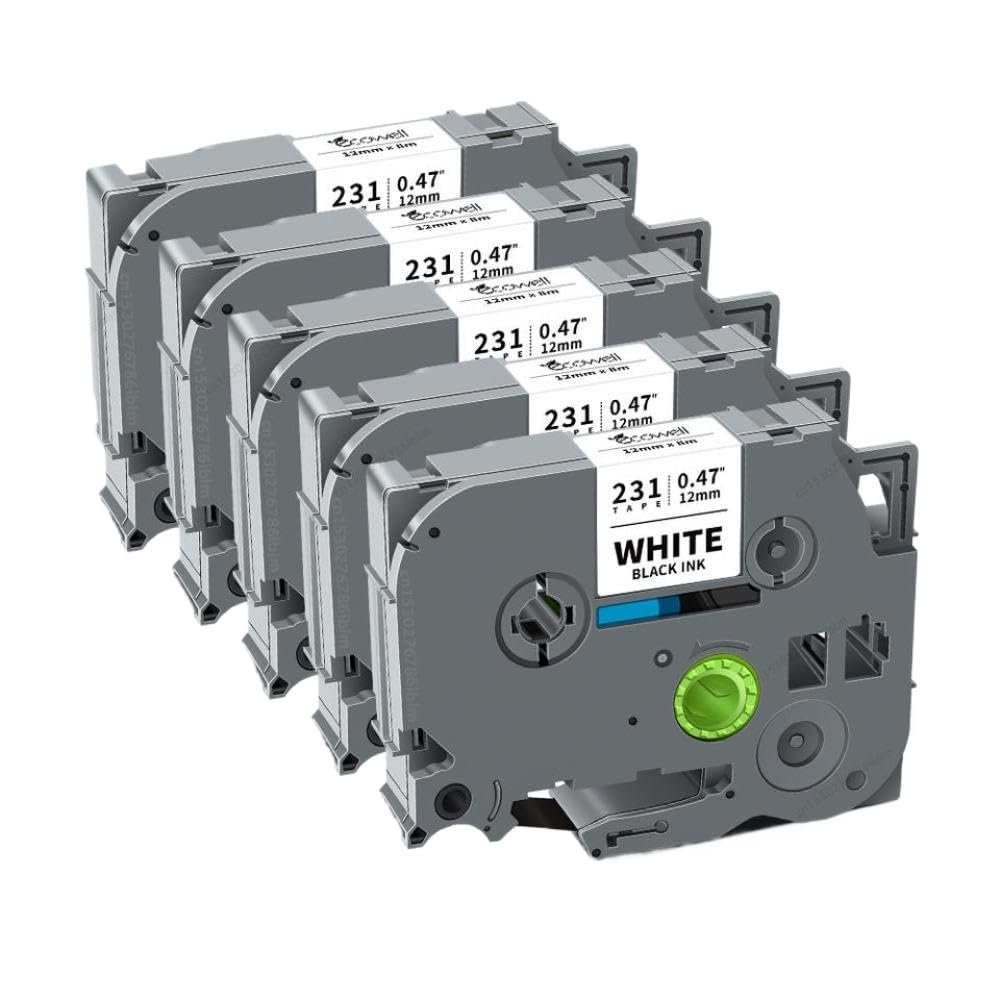 12mm TZe231 Laminated Label Tape 5 Pack 10 Pack Compatible with TZe231 131 431 531 631 731 831 334 335 for PTH110 Label Maker(5PK Black on White)