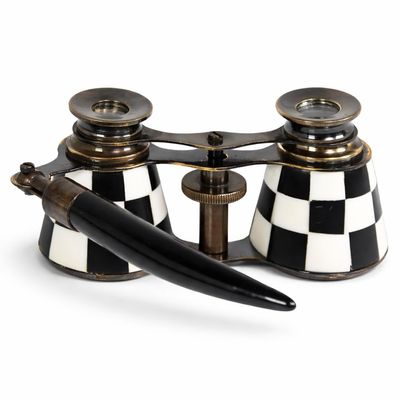 Checkered Opera Glasses with Handle Vintage Brass Theater Binoculars for Women Black & White Enamel Retro Style Collectible Gift for Concerts & Decor