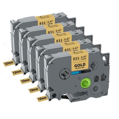 12mm TZe231 Laminated Label Tape 5 Pack 10 Pack Compatible with TZe231 131 431 531 631 731 831 334 335 for PTH110 Label Maker(5PK Black on Gold)