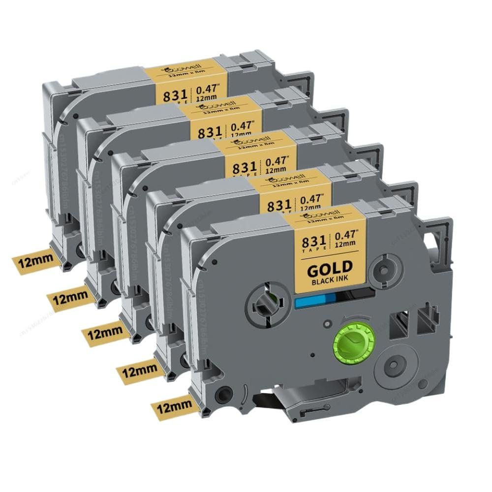 12mm TZe231 Laminated Label Tape 5 Pack 10 Pack Compatible with TZe231 131 431 531 631 731 831 334 335 for PTH110 Label Maker(5PK Black on Gold)