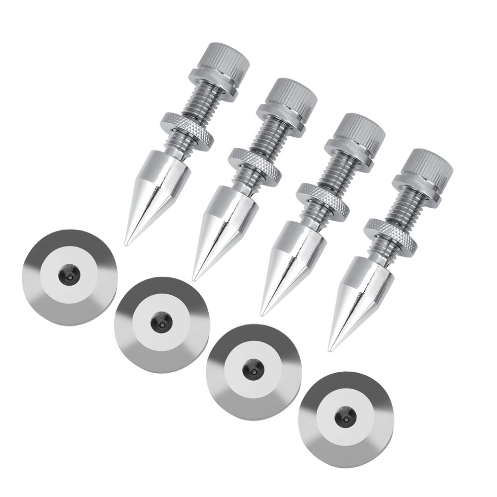 4 Pcs HiFi Speaker Spike Isolation Stand Feet Pads, Plated Copper Material, Height Fine Tuning Balancing Nut, Eliminate Ground Pollution for Pure Sound, Shockproof Design